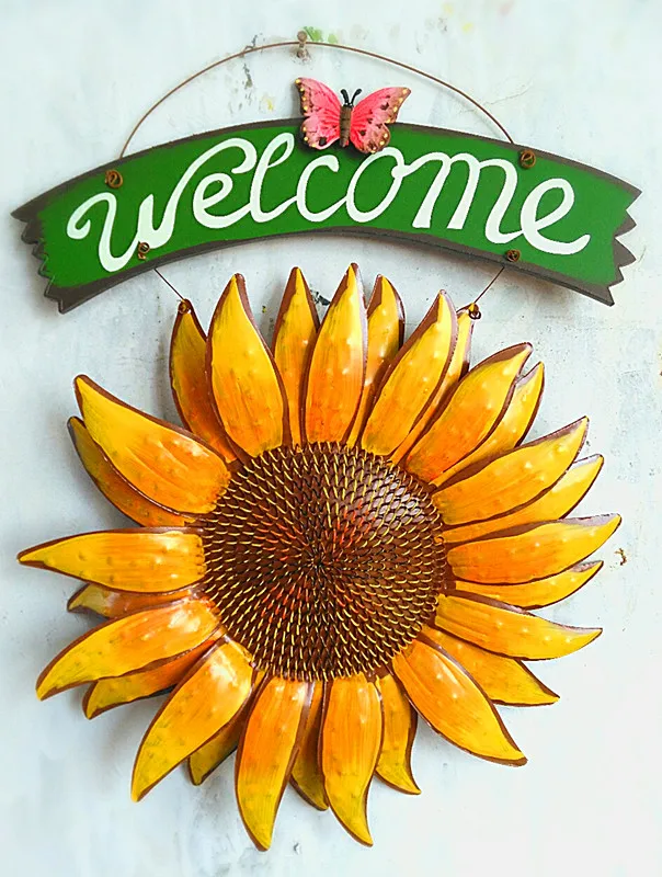 Creative Vintage Iron Metal Crafts Painting Butterfly Sunflower Flower Welcome Sign Door Hanging for Home Pub Club Wall Decor