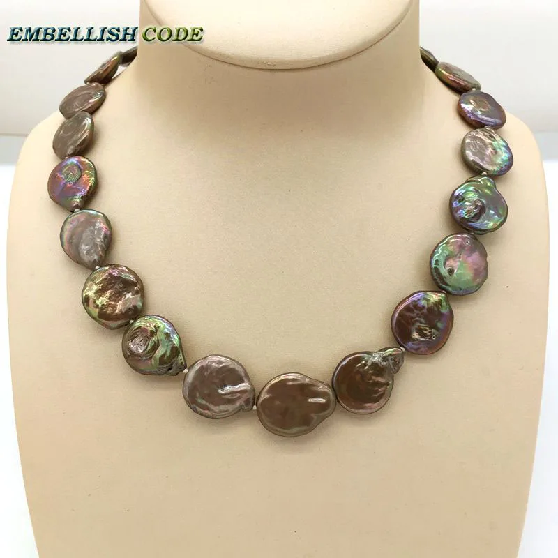 baroque pearl choker statement necklace bracelet brown coffee color round coin Button flat shape natural freshwater pearls