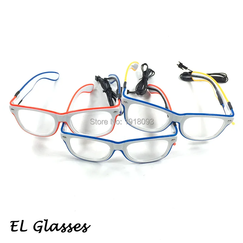 

New Double Color EL Wire Glowing Glasses White Frame Rave Glasses Flash Glasses with Voice Controller Holiday Lighting Supplies