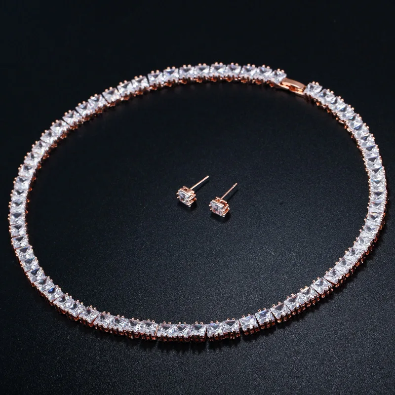 SINZRY Classic Princess Cut Cubic Zirconia Rose Gold Bridal Chokers Necklace Jewelry Set for Women Wedding jewelry accessory