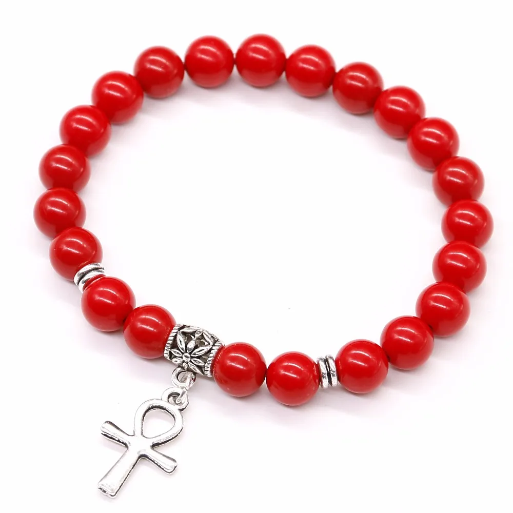 Red cinnabar Stone Beads Bracelet , Natural Stone White Tridacna Egyptian Ankh  Cross Pendent Jewelry For Women and Men Bracelet