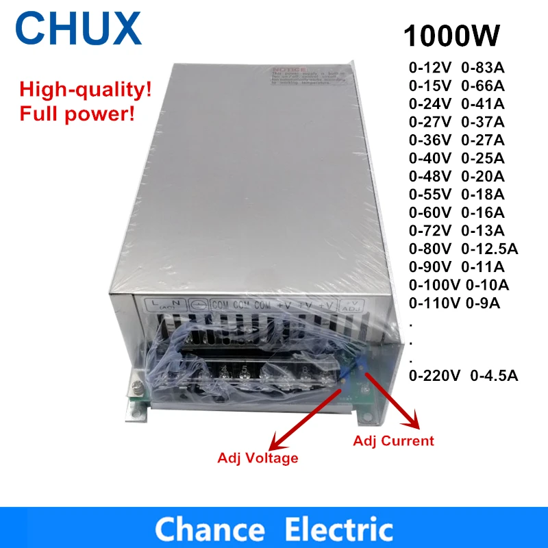 CHUX Adjustable 1000W Switching Power Supply 0-12V 15V 24V 36V 40V 48V 55V 60V 72V 80V 90V 100V 110V 220V For Led  Ac To Dc Smps