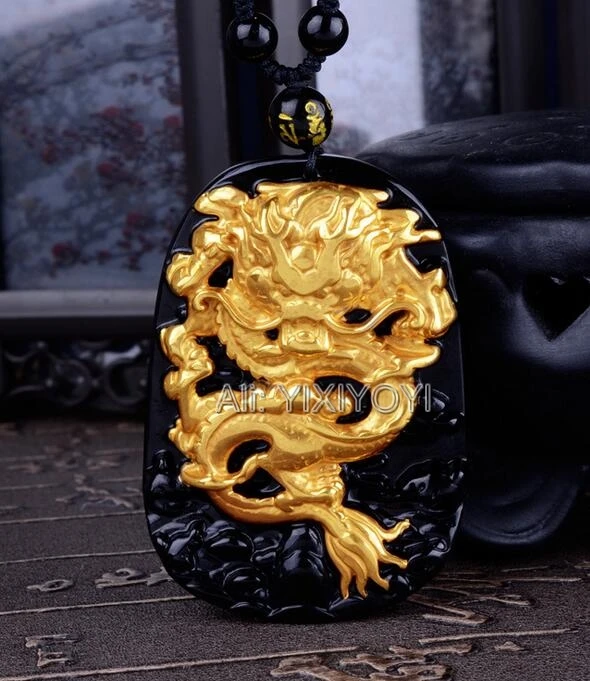 Vintage Chinese Handwork Natural Black Obsidian Carved Solid Gold Dragon Lucky Pendant Beads Necklace Trendy Gift Jewelry