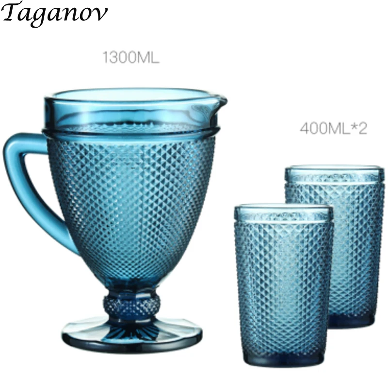 Water Kettle Glass 1.3L Three-piece Set 350ml 400ml 1300ml Tea Pot Red Blue Glass Drinkware Set Cool Drinking Weinglas Drink Cup