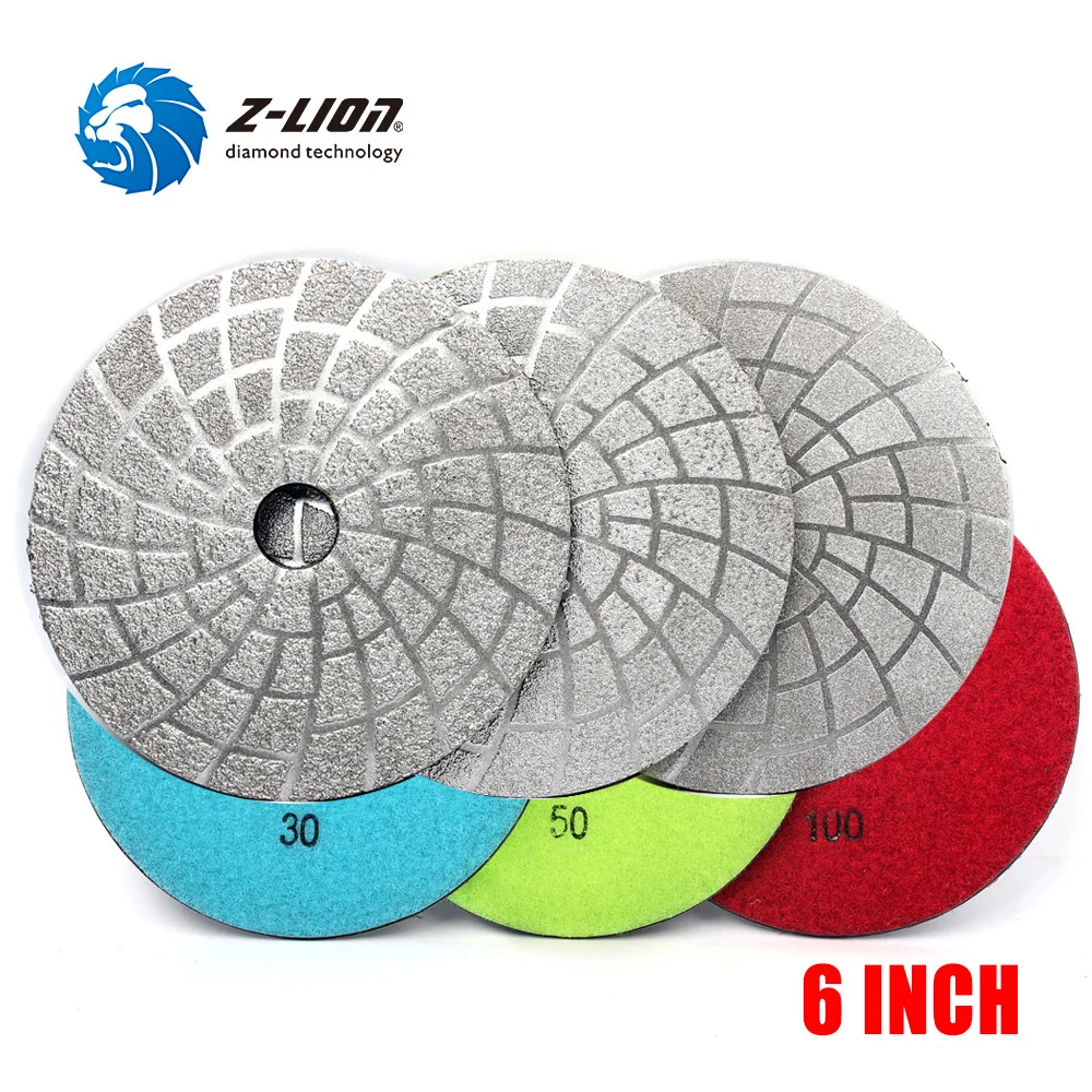 

Z-LION 6" 3pcs/set Vacuum Brazing Diamond Polishing Pads Granite Concrete Marble Grinding wheel Sanding discs