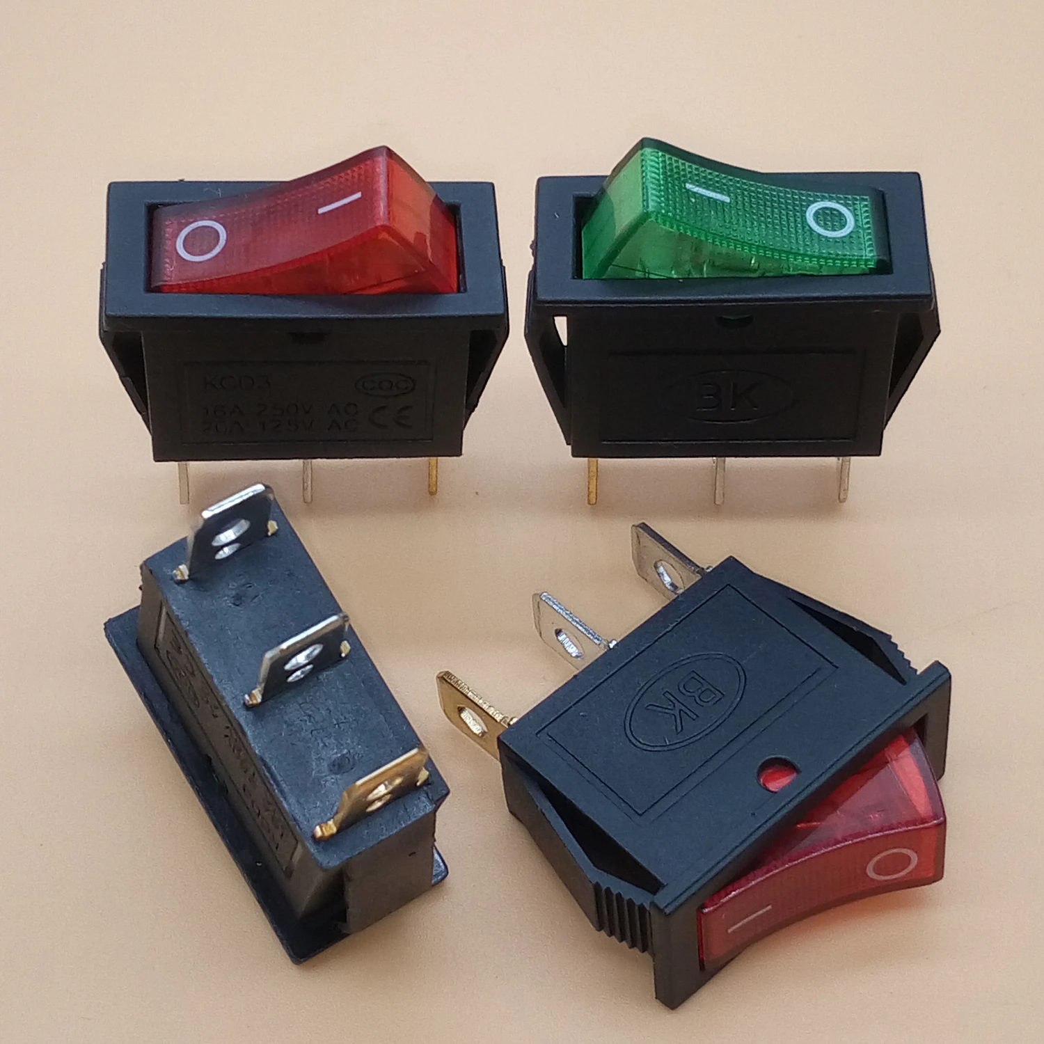 5Pcs KCD3 3 Pins ON/OFF illuminated Rocker Switch with Snap-In LED Red Green 15A 250V (20A 125V)