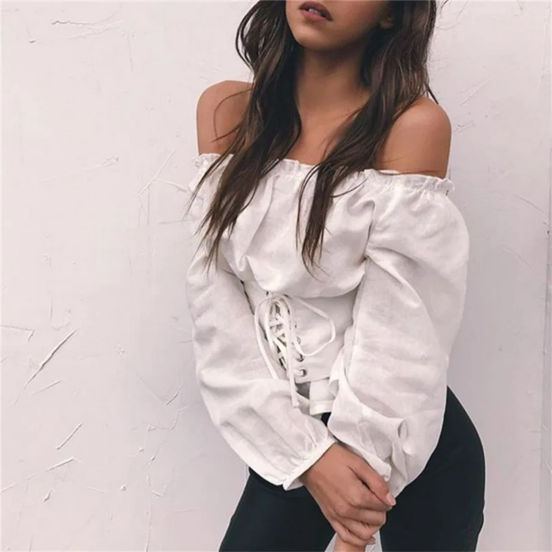 Autumn Sexy off shoulder ruffle long sleeve blouse waistband shirt tops Elegant women blouses Female Casual sashes blusas