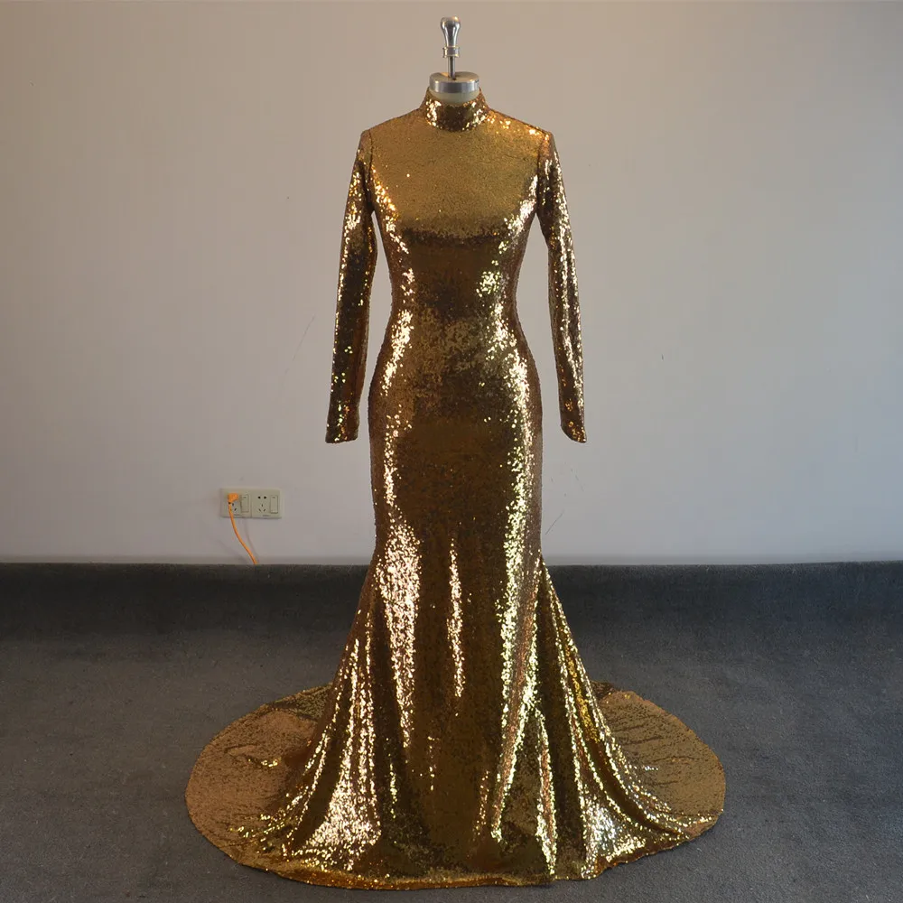 

Robe De Soiree Luxurious Gold Sequin Mermaid Prom Dresses High Neck Long Sleeve Evening Formal Dresses