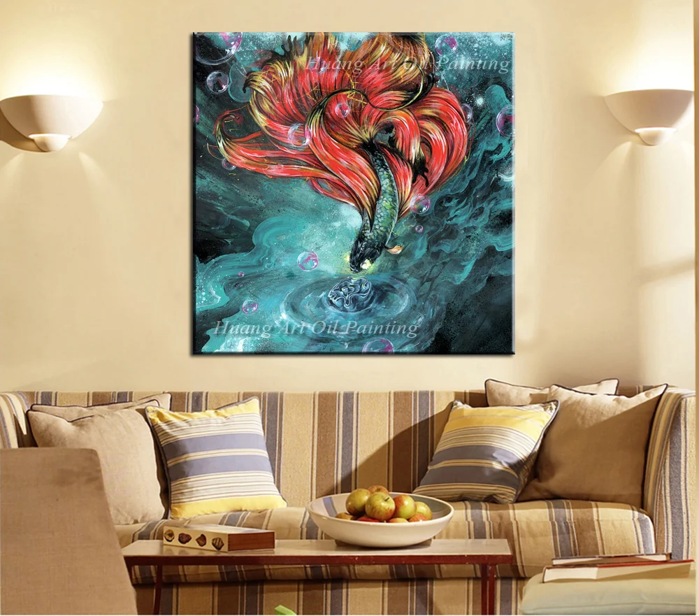 high quality handmade red tail goldfish oil paintings on canvas abstract pond painting for living room decoration art