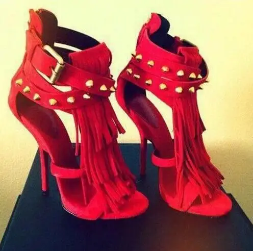 Wholesale Price High Quality Fringe High Heel Sandals Red Purple Suede Leather Rivets Summer shoes woman Size 34-41 Real Photo