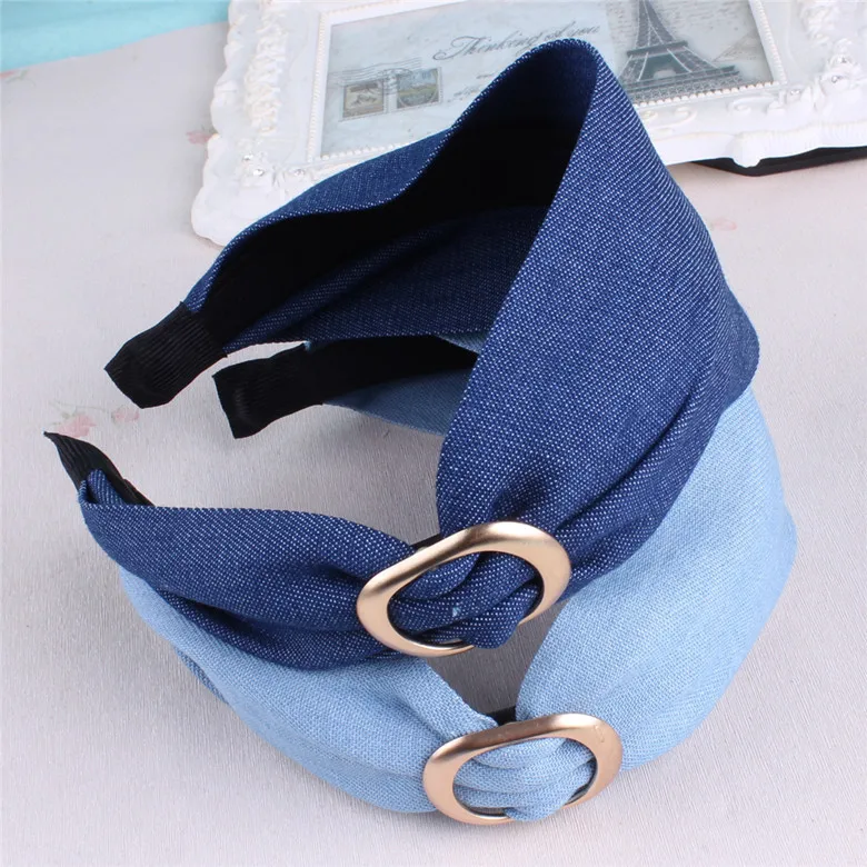 

2017 New 6pcs/lot Elegant Denim Fabric Jeans Big Golden/Silver Ring Bowknot Headband Hairband Women Cross Hair Accessories