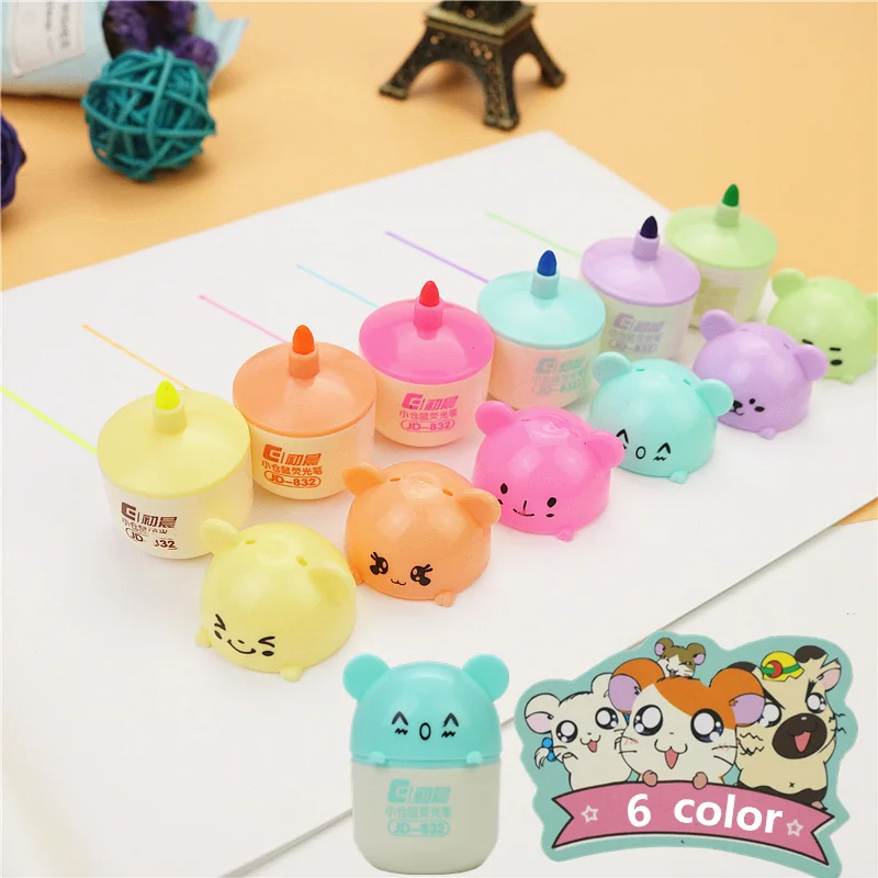 Cute hamster 6 color painting pen Mini school office fluorescent marker pen Children's learning gifts