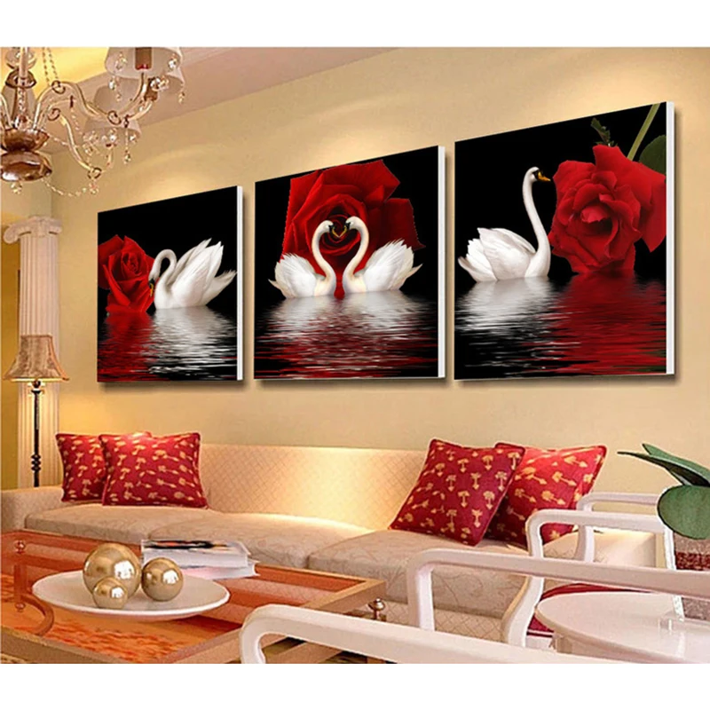 Full,Rhinestones Mosaic,Triptych, Flowers,Red Rose and Swan ,Home Decoration Diamond Painting