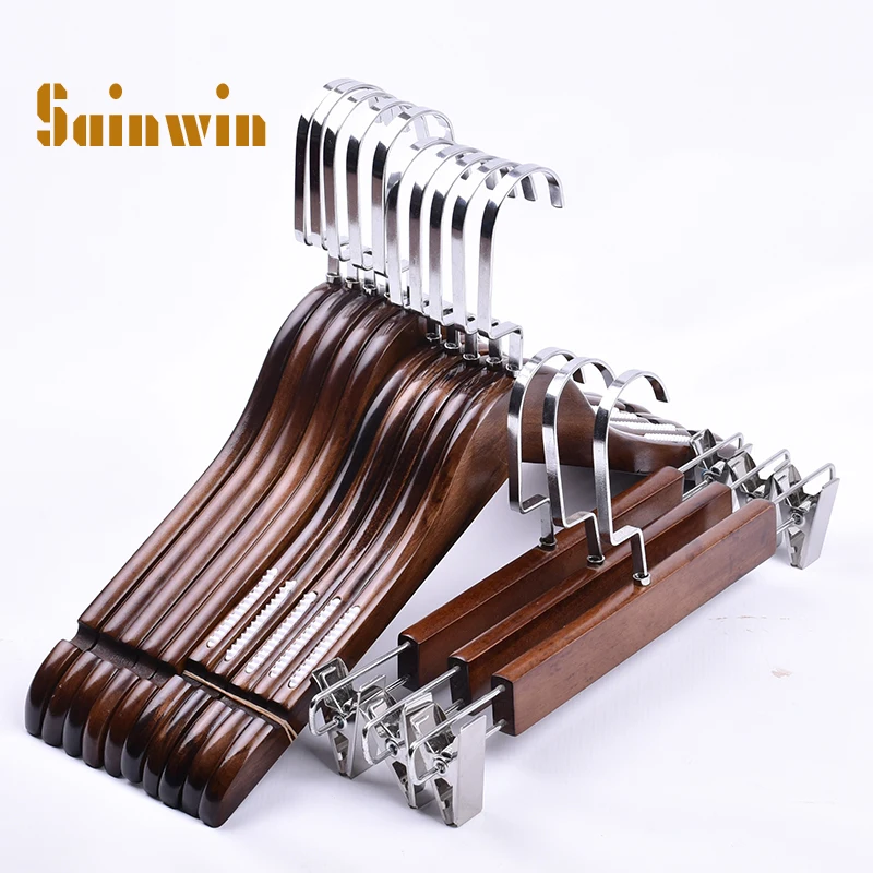 Sainwin 10pcs/lot Vintage wood hangers for clothes wooden pants clip slip-resistant hanger (50pcs or more free LOGO)