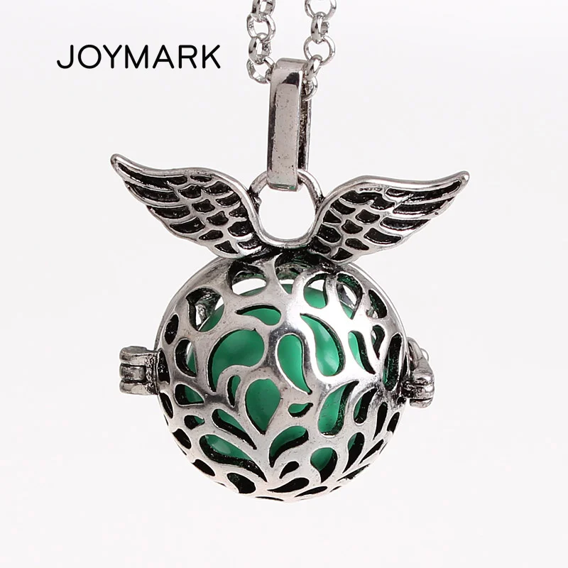 JOYMARK 12pcs/lot Angel Wings Round Hollow Locket Cage Musical Sound Ball Pendant Long Chain Women Pregnancy Necklaces HCPN03