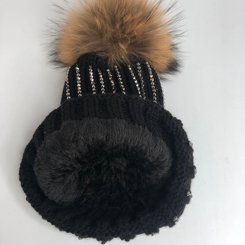 Winter Women Hat Bling Rhinestone Diamond Skullies Beanies For Ladies Fleece Inside Warm Knitted Hats Womens Real Fur Pompom Cap