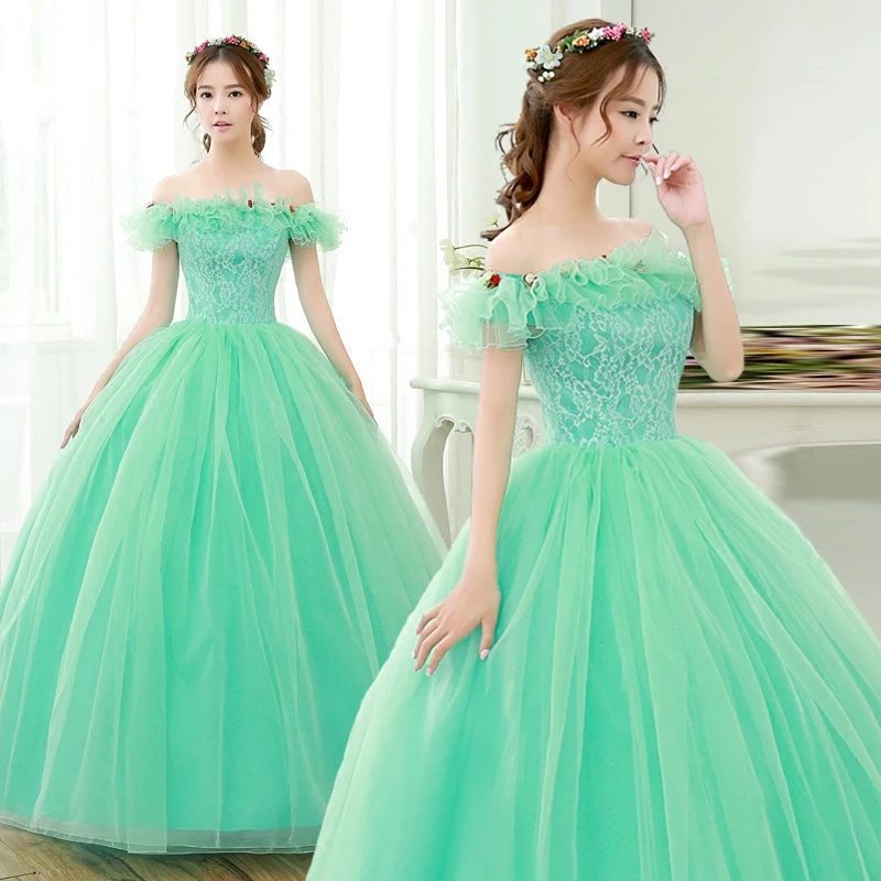 100%real luxury candy green slash collar flower ball gown stuido princess ball gown medieval dress/victorian dress belle ball