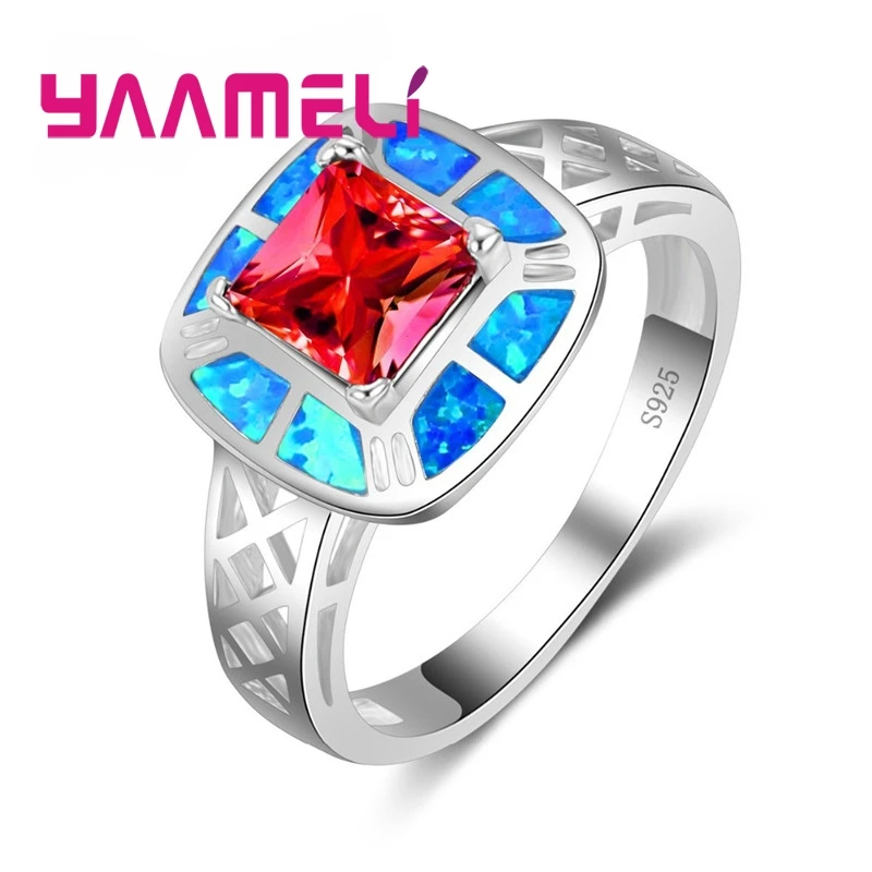 

Winter Sale Classic Vintage Square Ring Sparkling Red Blue Crystal Opal 925 Sterling Silver Jewelry Women Fahsion Hollow Bijoux