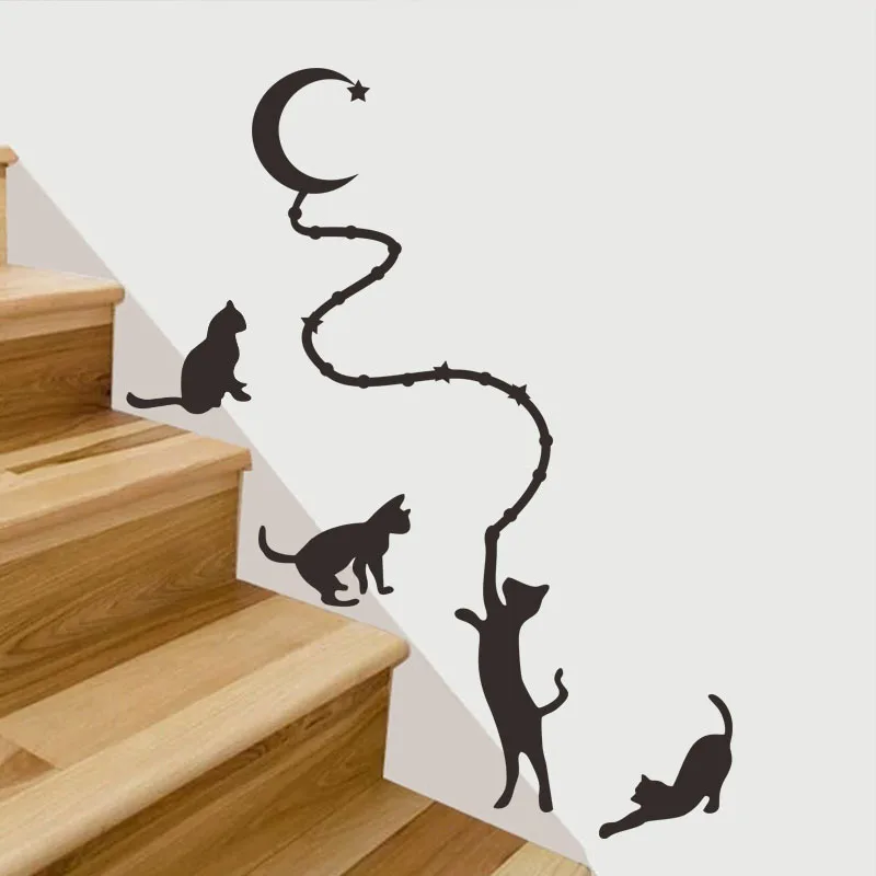 Creative Cats With The Moon Wall Sticker For Living Room Staircase Home Decoration Wallpaper Background Decor Animals Decals