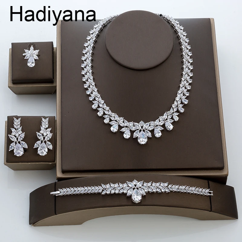 Hadiyana New Luxury Bridal Engagement Wedding Jewelry Set Shiny Water Drop Ladies Necklace Earring Bracelet Ring Sets TZ8087