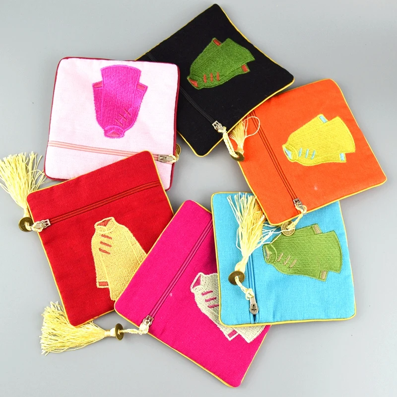 Chinese Embroidery Gift Bag Christmas Burlap Zip Bags Small Vintage Coin Purse Card Pouch Wedding Party Favor Bags  10pcs/lot