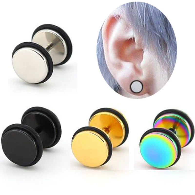 2Piece Stainless Steel Fake Ear Plugs Screw Round Barbell Earring With O rings Ear Expanders Earrings Body Jewelry Men Women