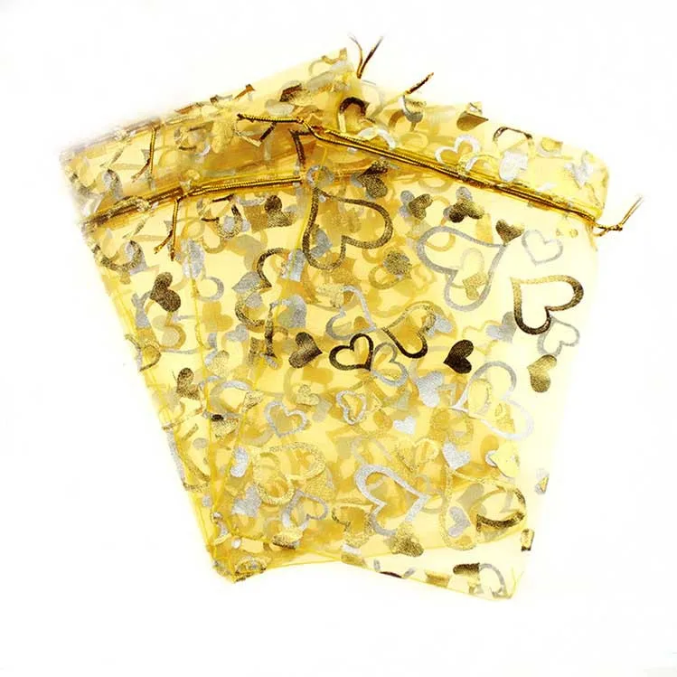 15*20cm 50pcs Gold Gold Heart Gift Bags For Jewelry/wedding/christmas/birthday Yarn Bag With Handles Packaging Organza Bags