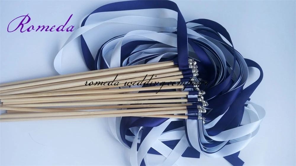 Free Shipping(50pcs/lot)  Navy and white Stain Ribbon Wedding Ribbon wands For Wedding Decoration