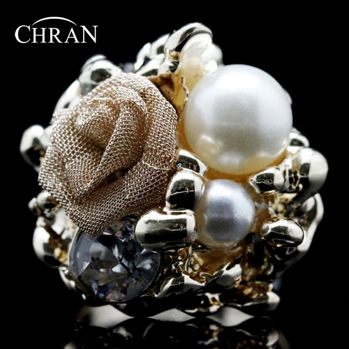 CHRAN Beautiful Simulate Pearl Flower Anniversary Rings for Women Promotion Gold Color Crystal Engagement Rings Jewelry