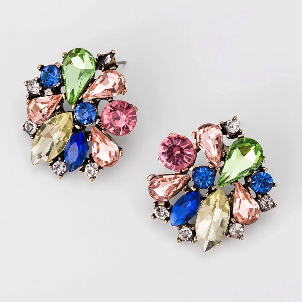 LUBOV Multi-color Crystal Flower Rhinestone Stud Earrings Anti Gold Color Piercing Earrings Trendy Women Wedding Party Jewelry