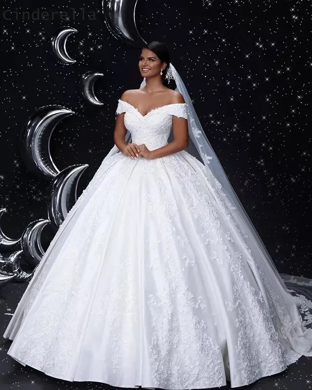 Cinderella V-Neck Off The Shoulder Lace Up Back Lace Applique Crystal Beaded Satin Ball Gown Wedding Dresses Bridal Dresses