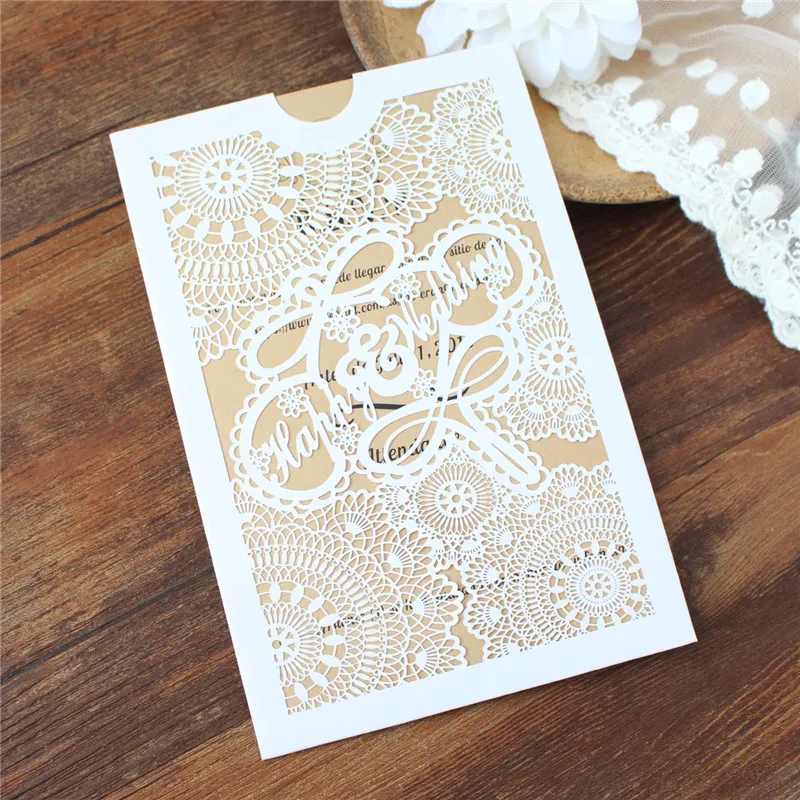 

Retro happy wedding invitation card pocketfold hollow laser cutting 50pcs/lot