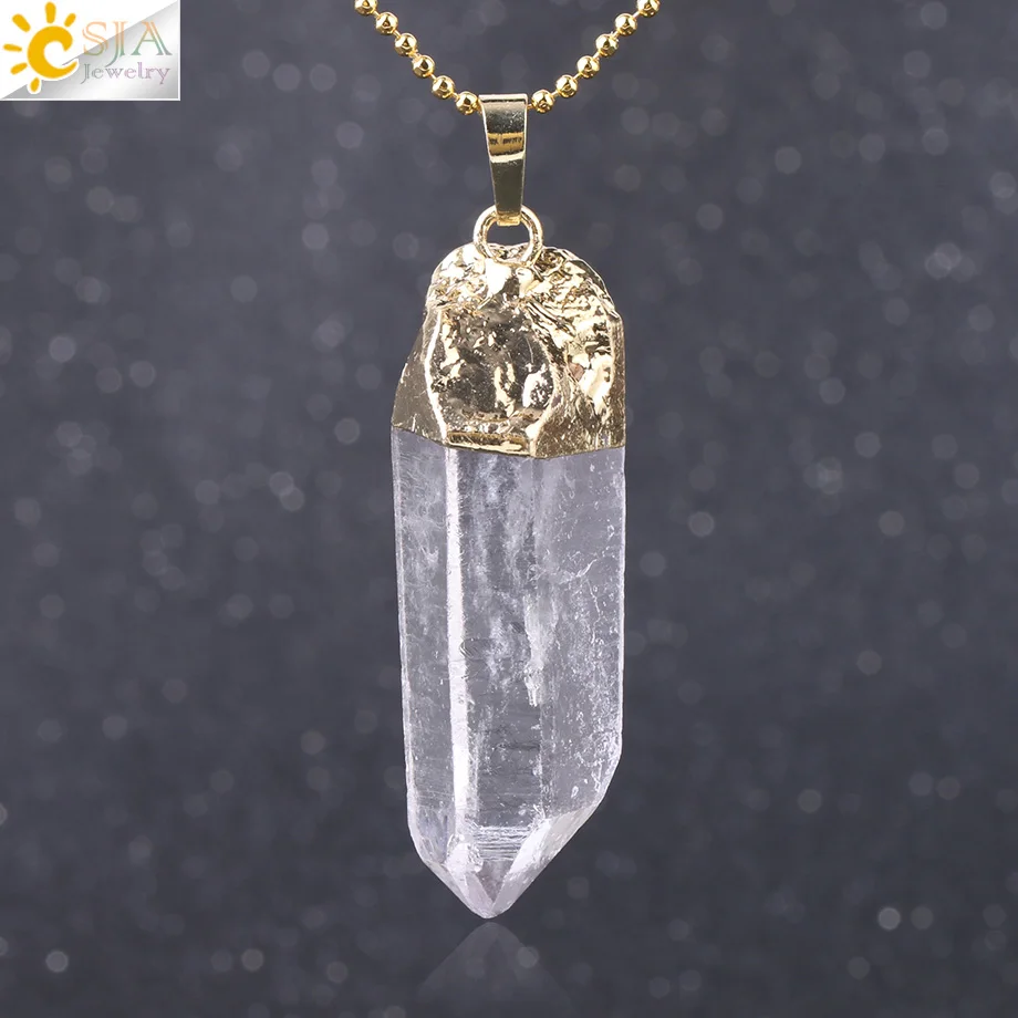 CSJA Irregular Natural Crystal Pillar Pendants Healing Clear Quartz Necklace Gold Color Necklaces for Women Men Random Size F804