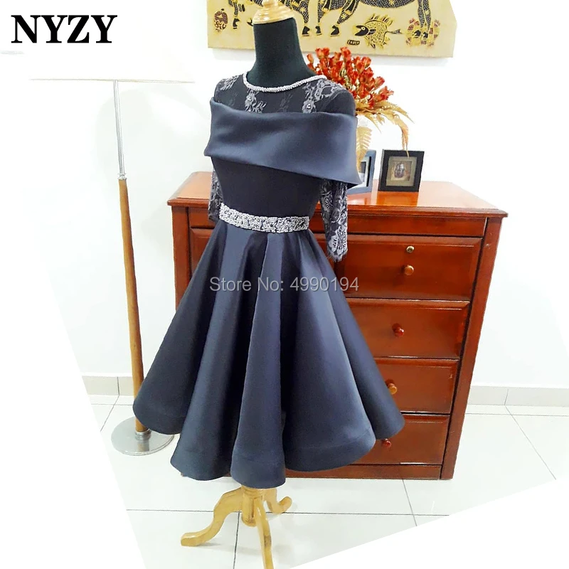 

NYZY C128 Navy Blue Satin 3/4 Sleeve Robe Cocktail Dress Party Graduation Evening Elegant vestido coctel 2019 abiti da cerimonia