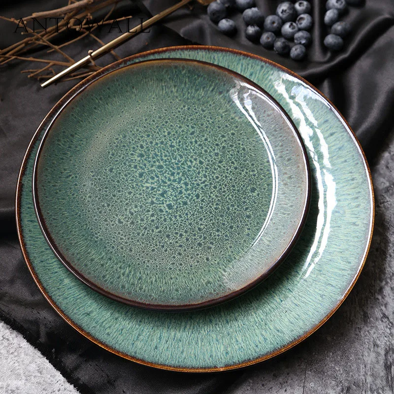 ANTOWALL-European Ceramic Tableware, Green Disc, Western Steak, Pasta Dish, Home Breakfast, Fruit Salad Plate, Porcelain