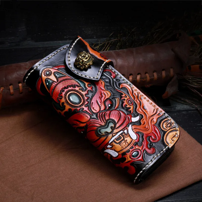 Handmade Genuine Leather Wallets Carving Lion Hasp Bag Purses Women Long Clutch Vegetable Tanned Leather Wallet Fathers Day Gift