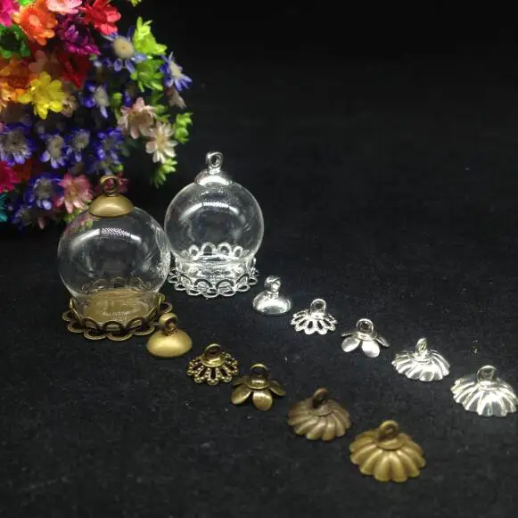 

50pcs 20*15mm glass globe bubble vase double lace base 8mm beads cap set glass vials pendant diy glass bottle cover dome jars