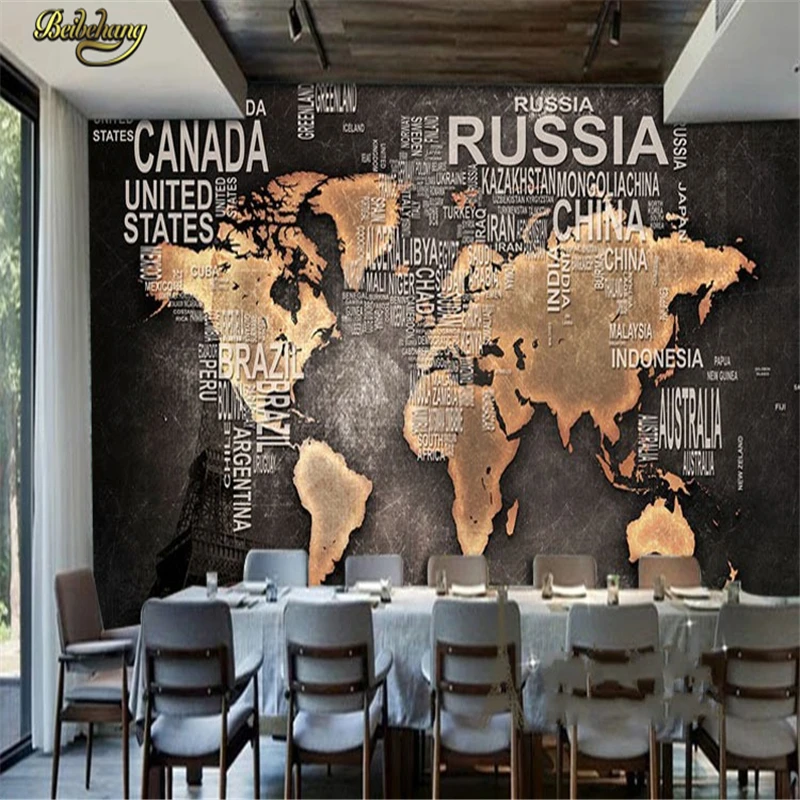 beibehang 3D Stereo Retro Nostalgic World Map Mural European English Letter Wallpaper Cafe Leisure Bar Background papel de pared