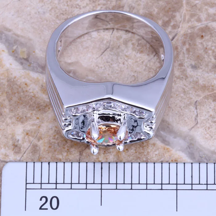 Delightful Champagne Morganite White CZ Silver Plated Fashion Ring Size 6 / 7 / 8 / 9 E146