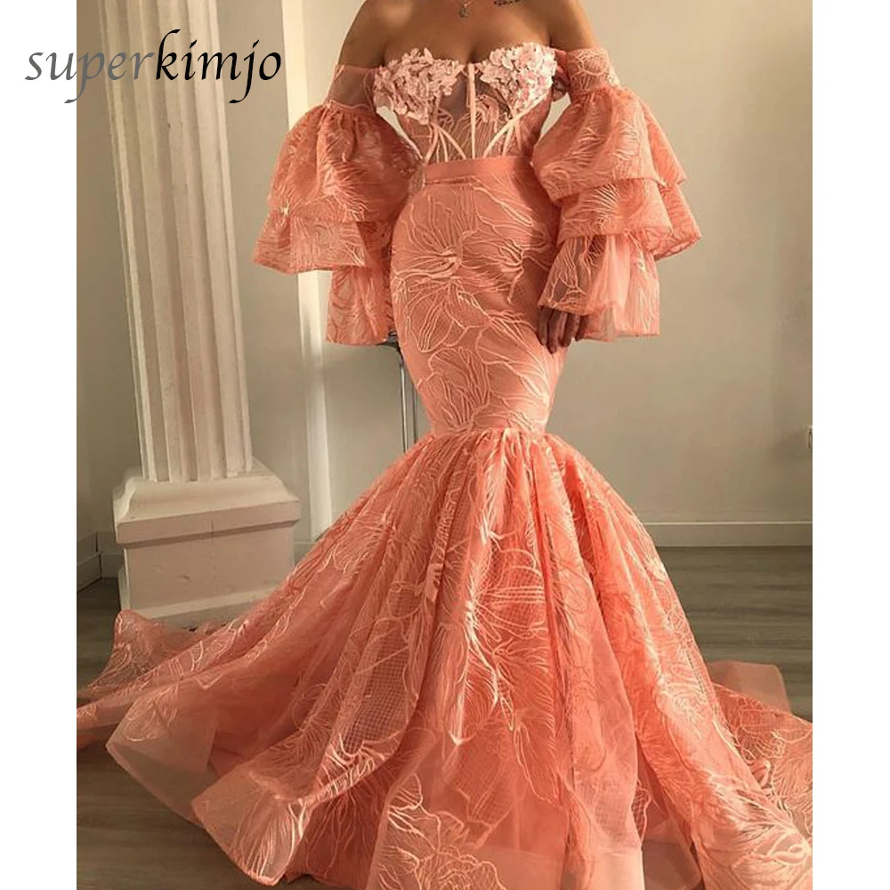 

Pink Prom Dresses 2019 Off the Shoulder Lace Long Sleeve Mermaid Puffy Lace Evening Dresses Long Evening Gowns