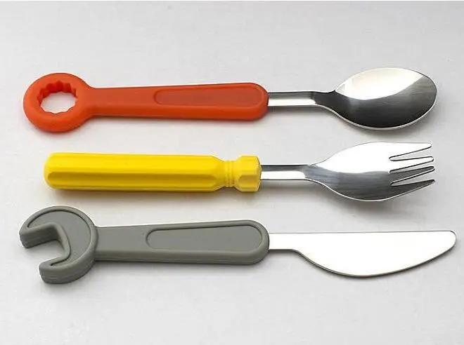 Creative Spanner screwdriver shape tableware silicone stainless steel Portable Travel Kids Cutlery ss1686