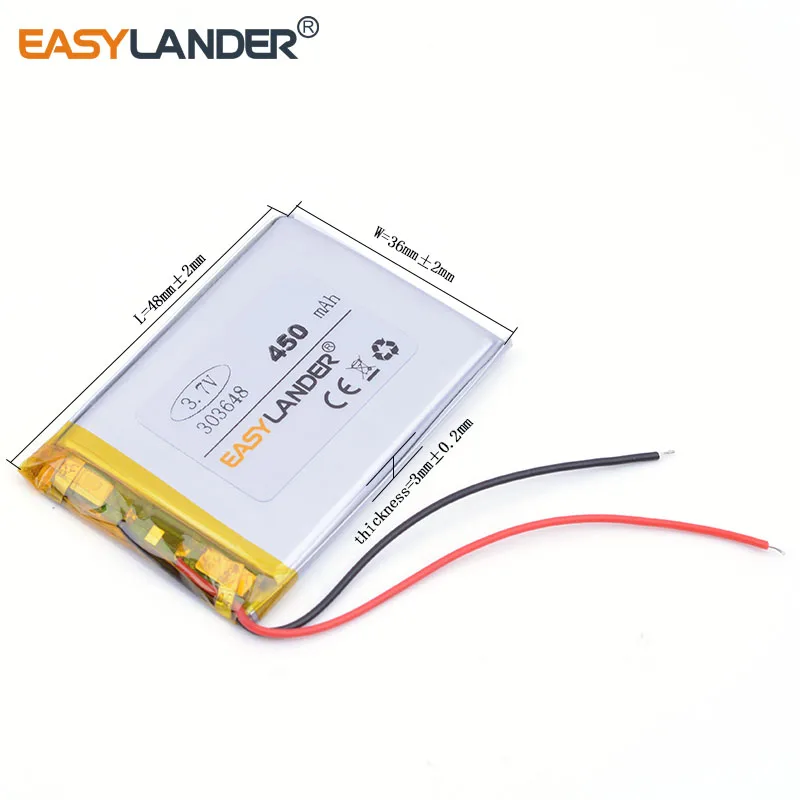 3.7V 450mAH 303648 Rechargeable Lithium Li-ion Polymer Battery  for DVR GPS mp3 cell phone speaker Bluetooth Headset Game player