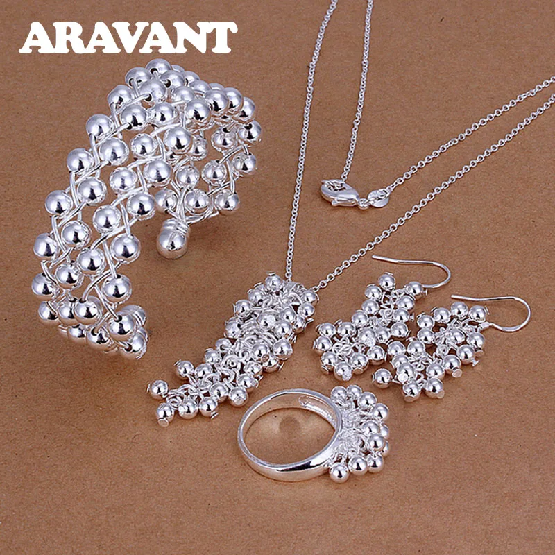 Aravant Women Jewelry Set 925 Silver Fashion Dangle Grapes Beads Necklace Bracelet Ring Drop Earrings For Women Wedding Gifts