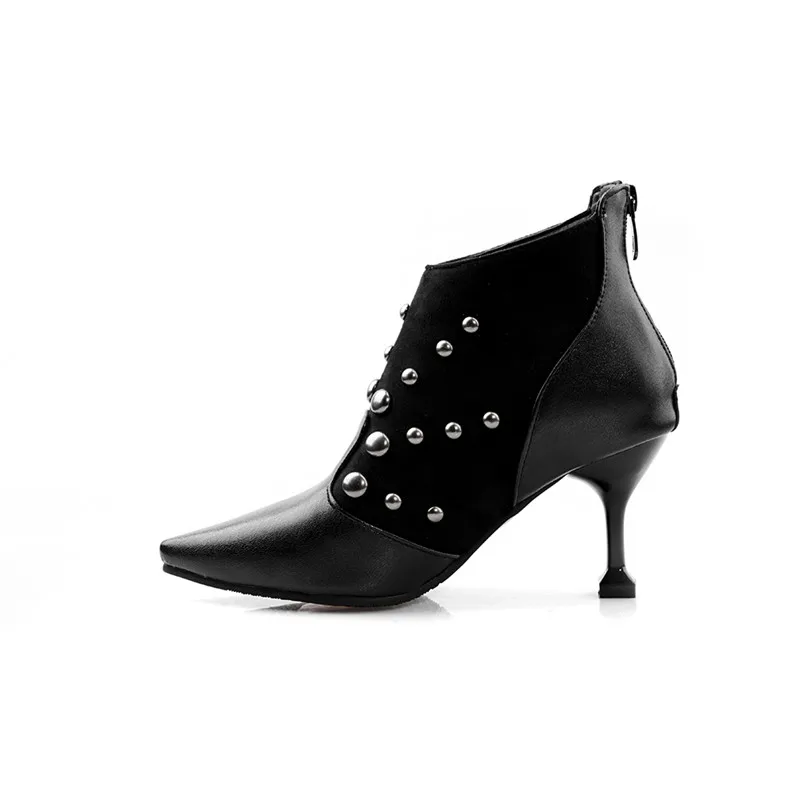 YMECHIC-Botines puntiagudos para mujer, zapatos de tacón de aguja, a cuadros, remaches, talla grande, color marrón y negro, otoño