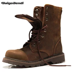 ¡Caliente! Botas de cuero genuino con cordones y punta redonda para hombre, botas de seguridad para el trabajo de media pantorrilla para soldados, zapatos de motocicleta para exteriores, Invierno