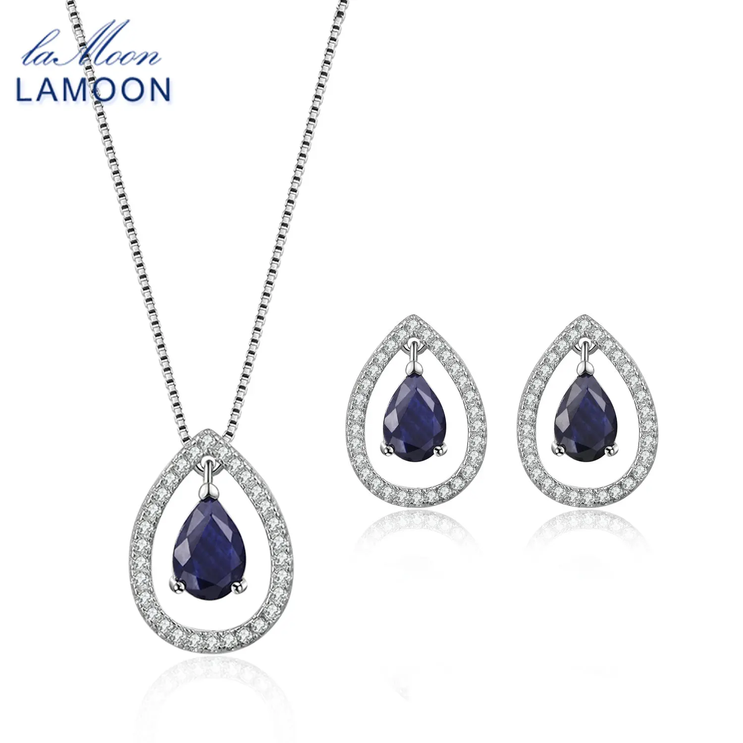 LAMOON S925 Jewelry Set For Women 100% Real Gemstone Blue Sapphire 925 sterling-silver-jewelry Princess Earring Necklace V040-5