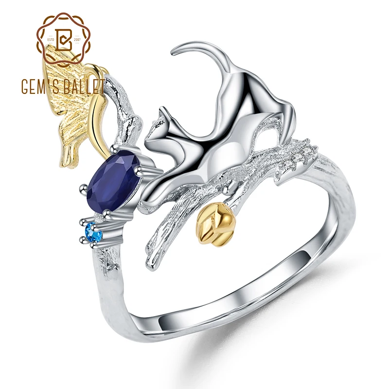 GEM'S BALLET 0.30Ct Natural Blue Sapphire Cat & Cupid Rings 925 Sterling Silver Handmade Adjustable Open Ring for Women Bijoux