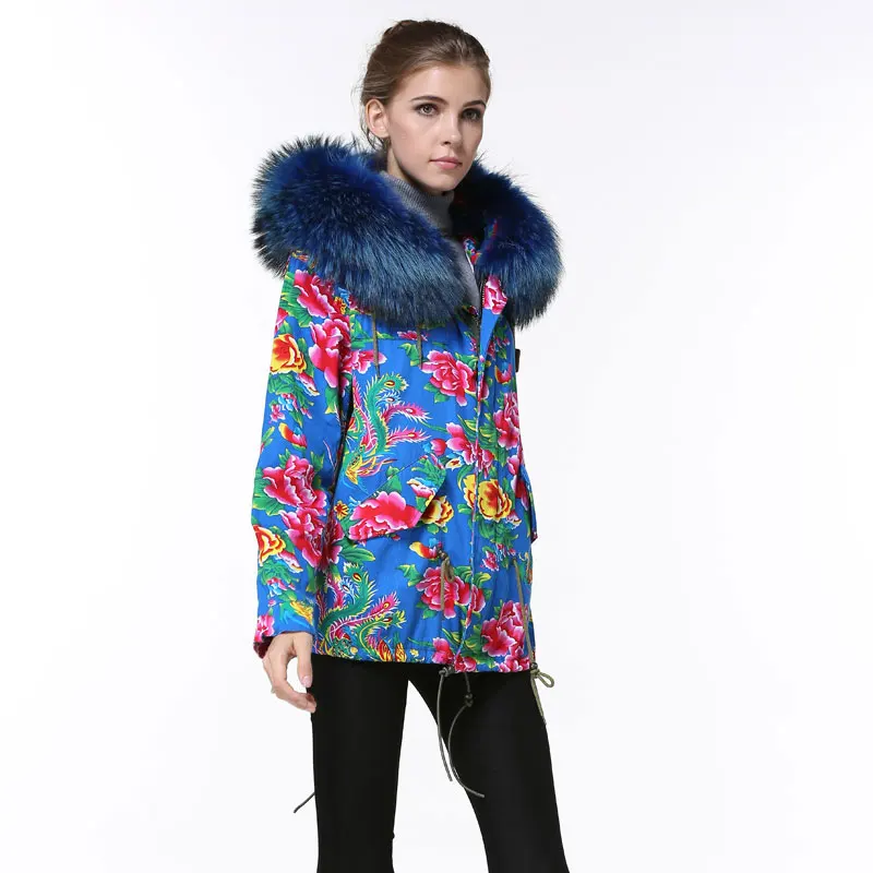 Free Shipping Blue Patterm Peony Flower Short Style Parka With Blue Fully Fur Collar Womens Spring&Autumn Short Slim Outwear