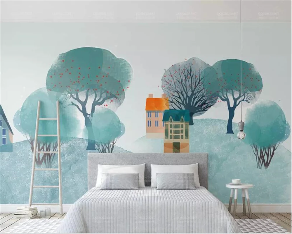 

Beibehang Custom Wallpaper Murals Large Wall Painting Blue small house woods papel de parede 3D Wallpaper For Wall 3d wallpaper