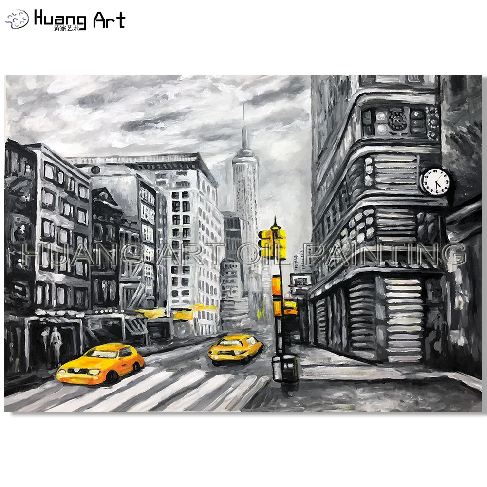 Skill Painter Handmade White and Black Abstract Car Landscape Oil Painting on Canvas Street View of New York Art Pictures